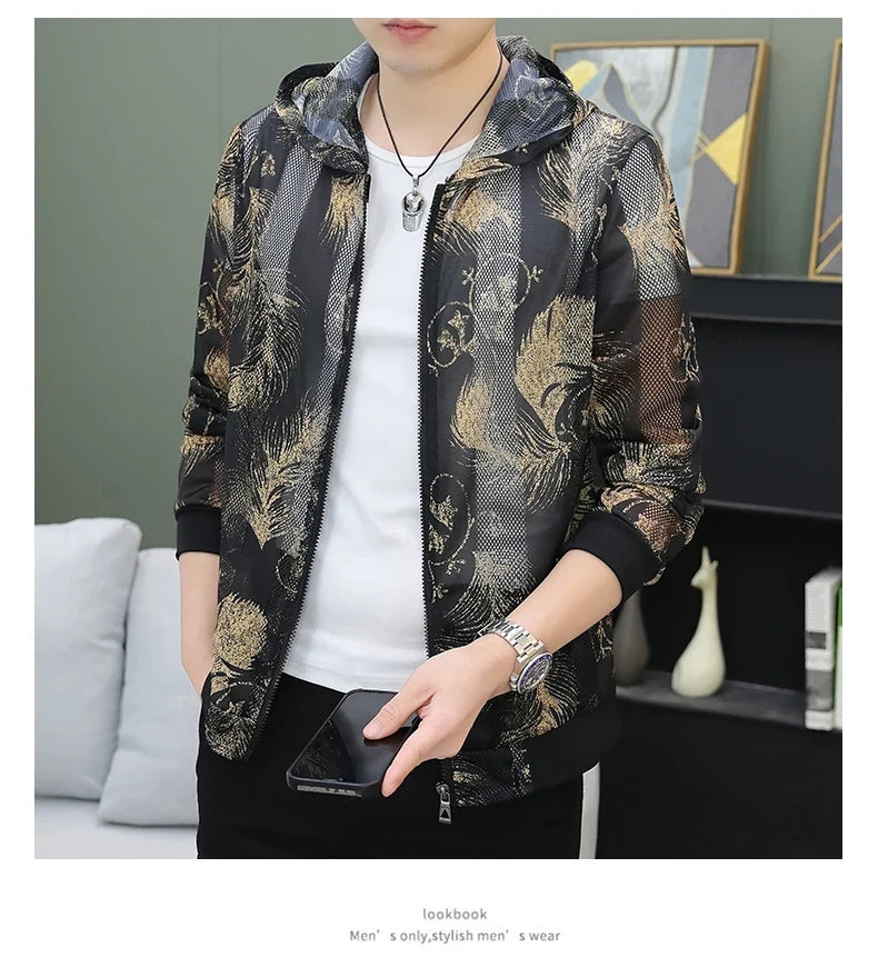 Men's Summer Mesh Sun Protection Clothing Trendy Stripe Print Ice Silk Cool Feeling Breathable Quick Dry Hooded Jacket