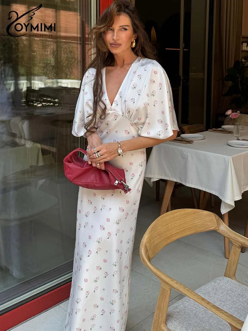 Casual White Print Dresses For Woman Fashion V-Neck Batwing Sleeve Dresses Elegant Straight Floor-Length Dress Streetwear