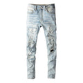 Men Crystal Holes Ripped Patchwork Jeans Streetwear Light Blue Denim Slim Skinny Pencil Pants Trousers