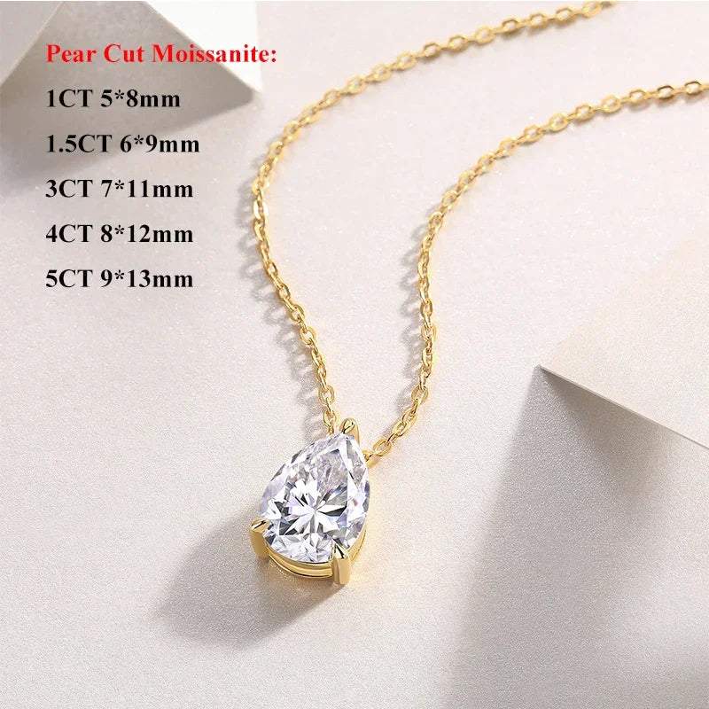 1-4CT Pear Cut D VVS1 Moissanite Necklace 100% S925 Silver 18k Gold Plated Single Diamond Women's Pendant Necklace Fine Jewelry