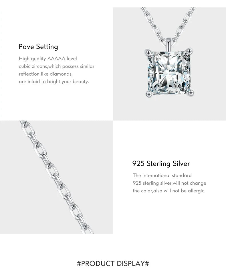 925 Sterling Silver Square Sparkling AAAAA CZ Pendant Necklace Platinum Plated Neck Chain for Wowen Weddng Fine Jewelry