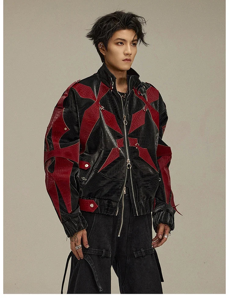 Spring Autumn Cool Handsome Crocodile Print Patchwork Pu Leather Jacket Men Color Block Luxury Designer Clothes 2024