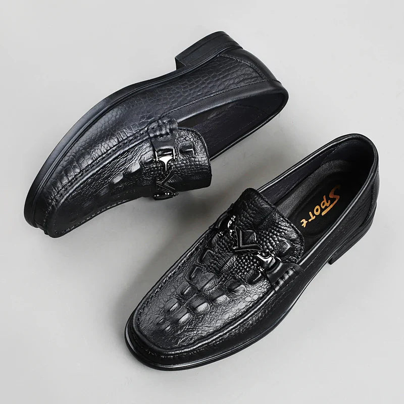 High Quality Round Toe Breathable Loafers Fashionable Brand Men's Comfortable Crocodile Patterned Casual Cowhide and Bean Shoes