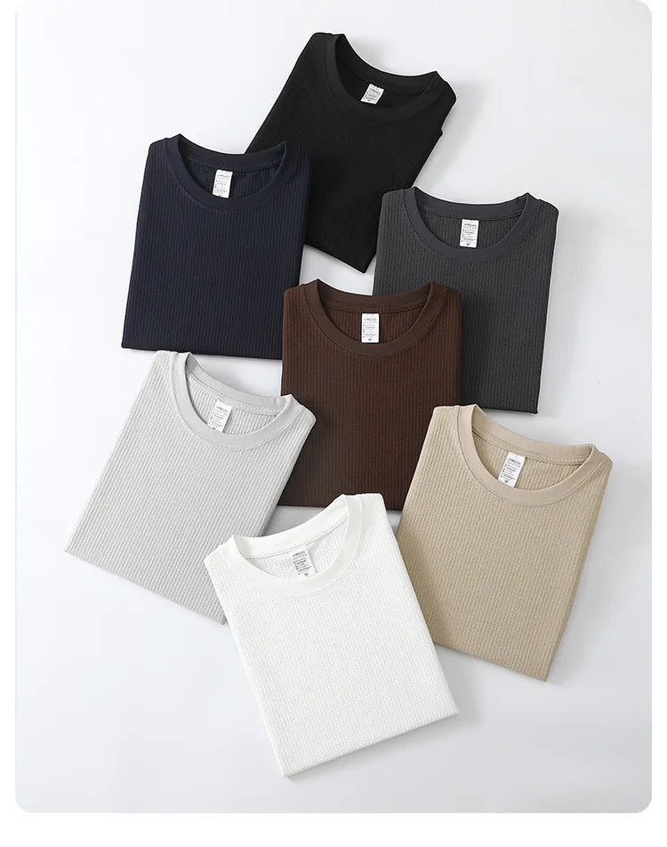 Autumn Lightweight Waffle Knit Base Layer Top  Men - Fashionable Loose Fit Versatile Long-Sleeved Round Neck T-Shirt/Sweatshirt