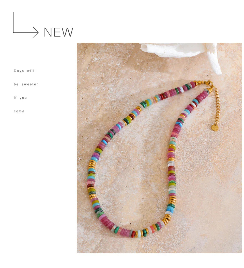 Colorful Natural Stone Beads Handmade Chain Y2K Fashion Necklace for Women Stainless Steel Waterproof Collar Jewelry Gift