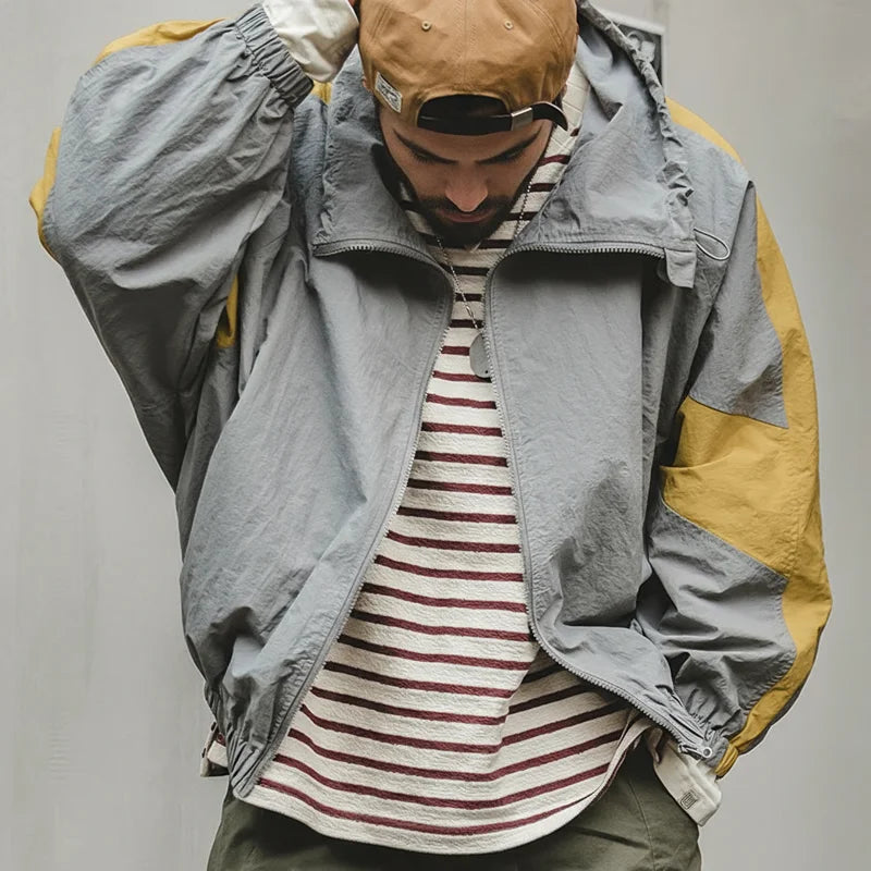 Casual Detachable Double Zipper Patchwork Jackets Stand-up Collar Loose Fit Letter Jacket For Men's Spring and Fall Coat