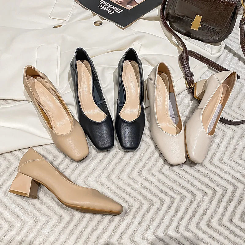 genuine leather med-high heels shoes for women square toe pumps cowhide zapatos mujer elegantes tacones bajos OL shoes size 43