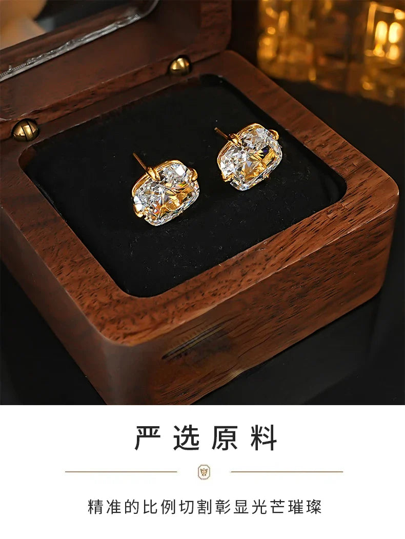Light luxury 8 * 10 crushed ice cut 925 silver ear nail inlaid with high carbon diamond fat rectangular temperament for women