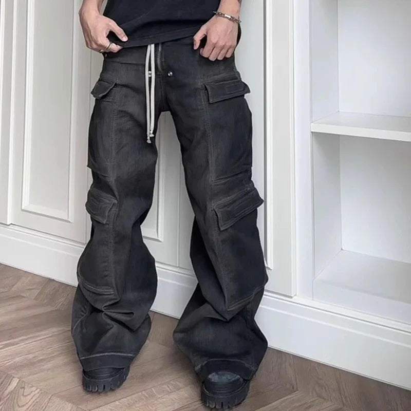 RO Style Ribbons Wide Leg Multi-Pockets Smoke Grey Baggy Jeans for Men