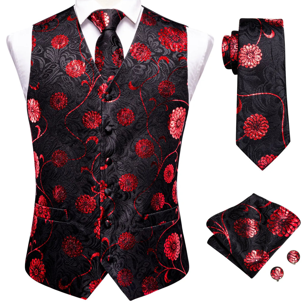 Black Red Floral Mens Vest Tie Set Jacquard Waistcoat Sleeveless Jacket Necktie Hanky Cufflinks Wedding Business XXL