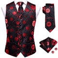 Black Red Floral Mens Vest Tie Set Jacquard Waistcoat Sleeveless Jacket Necktie Hanky Cufflinks Wedding Business XXL
