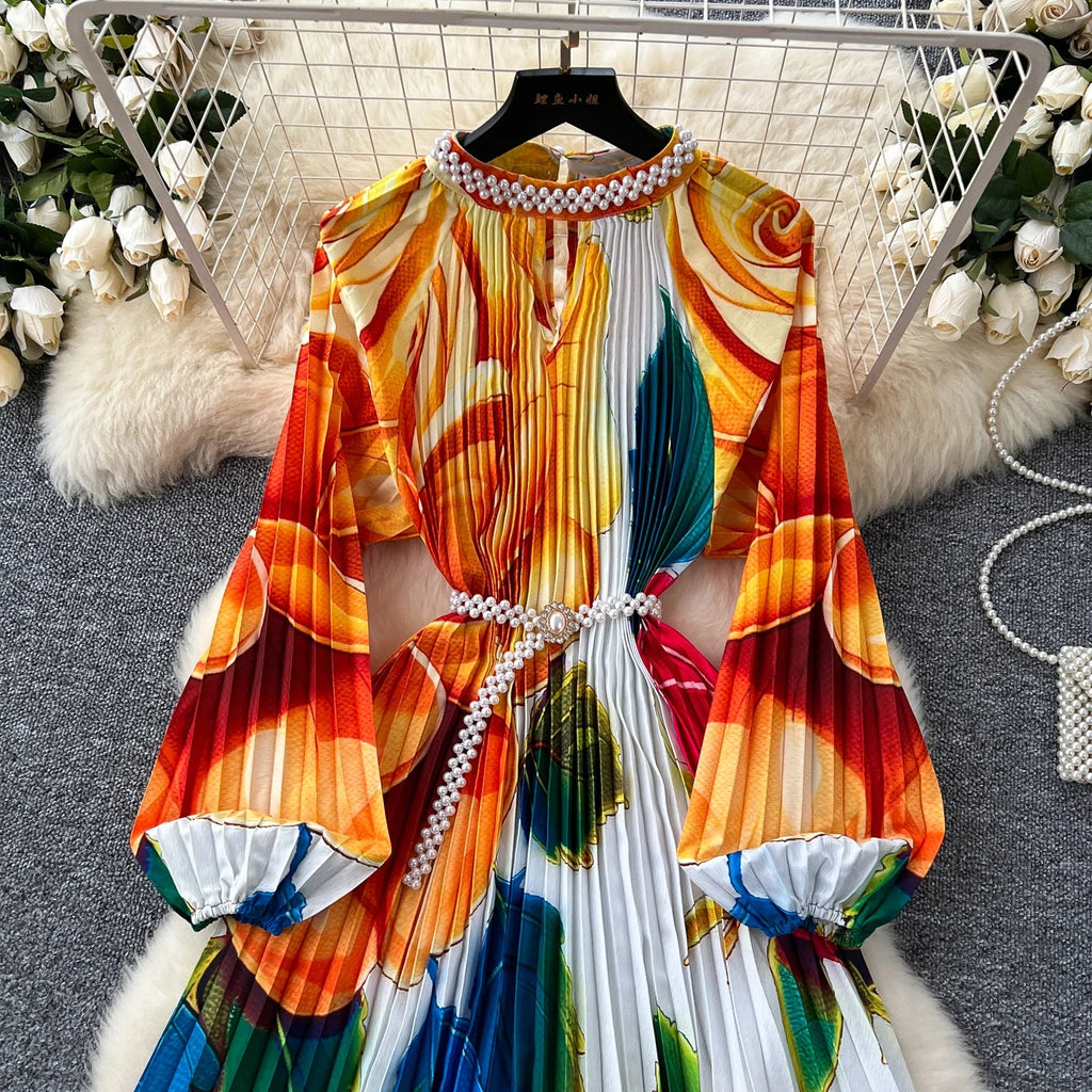 High-End Women's Dr Faionable Beaded round Ne Hollow out Pleated Lantern Sve Waist Cinched Floral Print Lon...