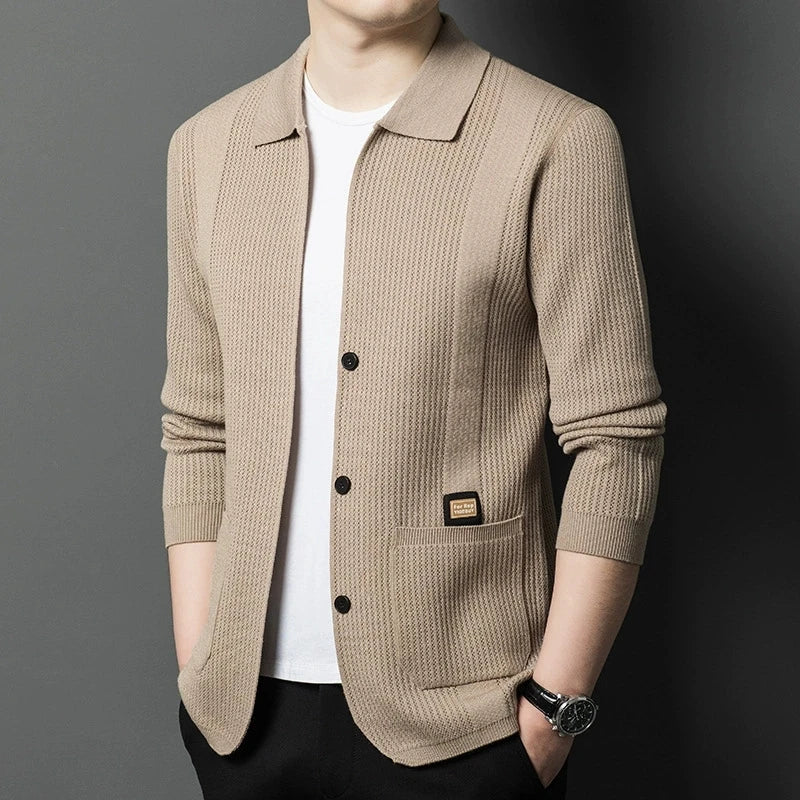 High-Quality Men's Knitted Cardigans Solid Color Simple Business Lapel Knitwear Coat Man Autumn New Long Sleeves Sweater Jacket