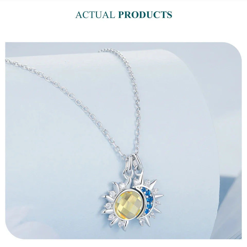 925 Sterling Silver White Gold Plated Sun and Moon Necklace Energy Pendant Neck Chain for Women Party Fine Jewelry Gift