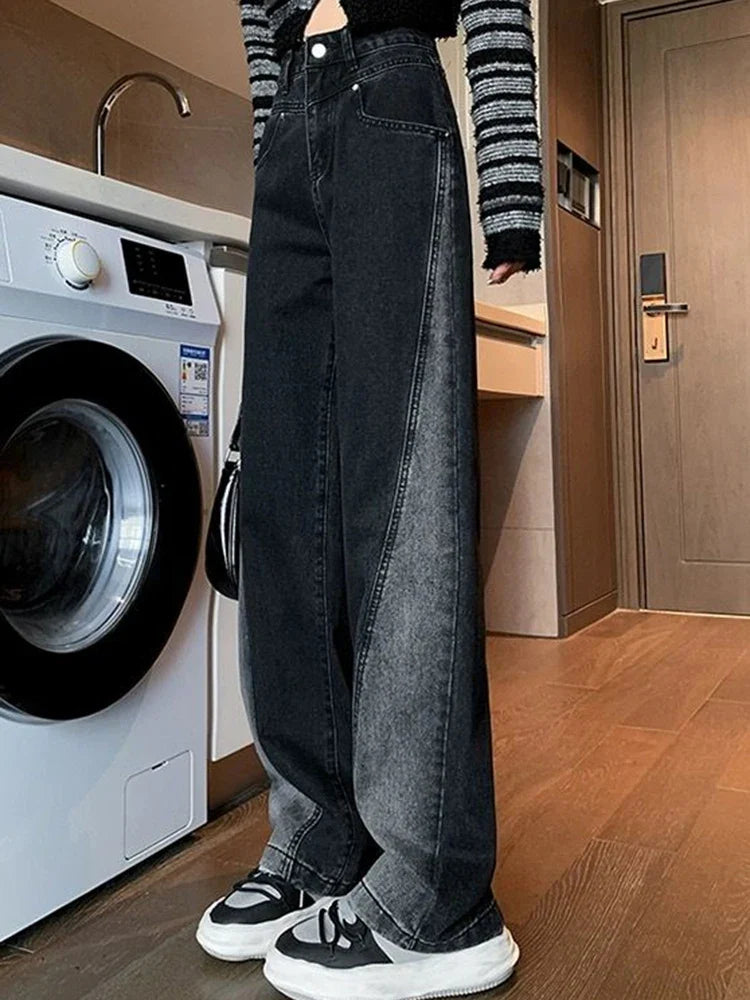Woman High Waist Jeans High Street Patchwork Straight Leg Pants