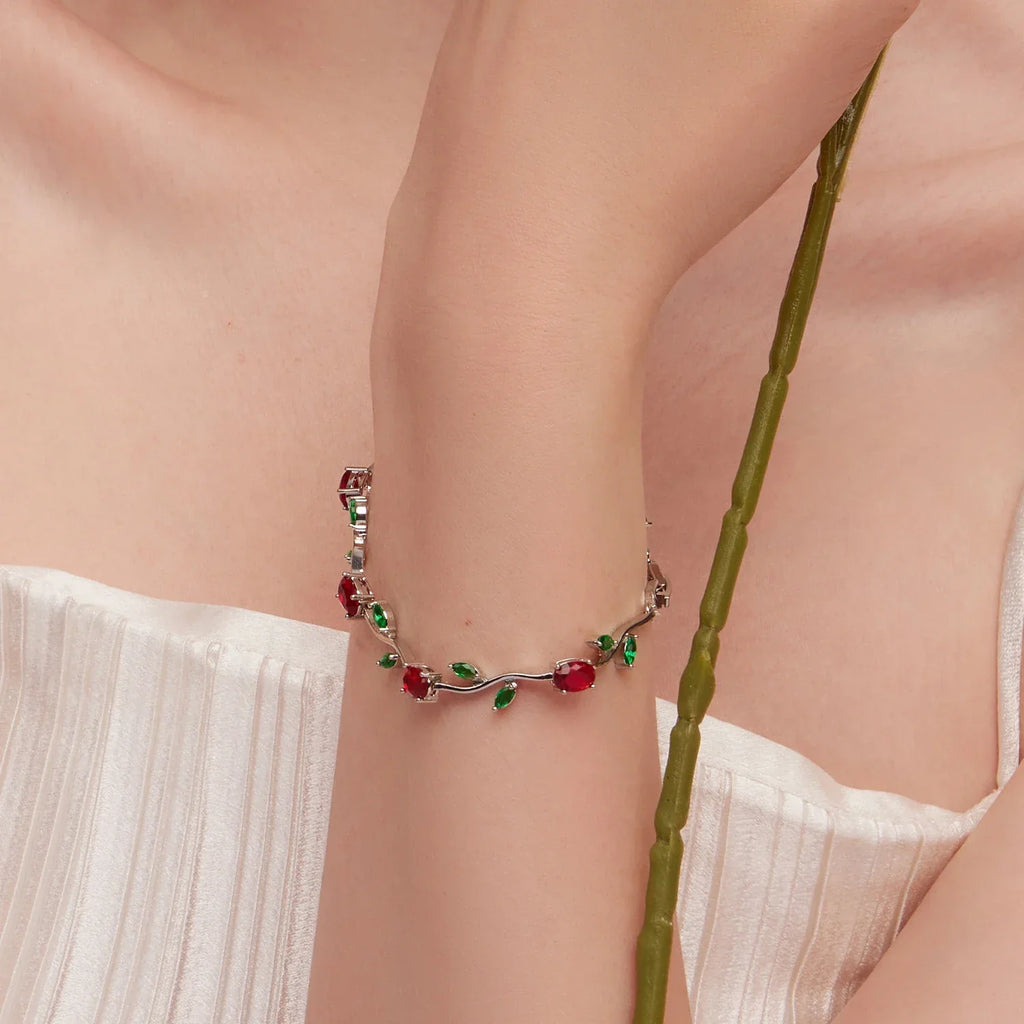 Rose Gold Color Leaf Chain & Link Bracelet with Red + Green AAA Zircon for Mother Gifts Jewelry JIB072