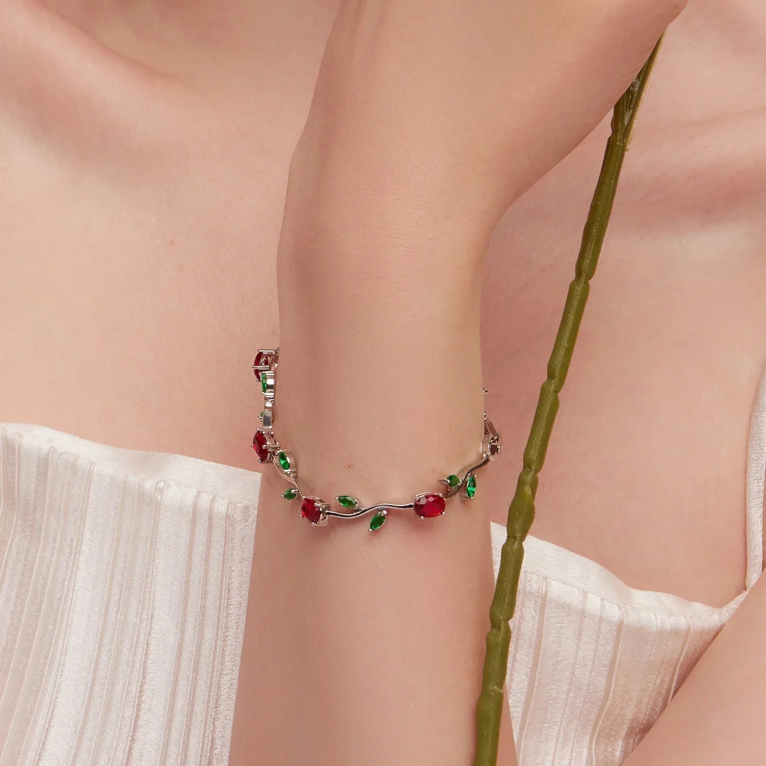Rose Gold Color Leaf Chain & Link Bracelet with Red + Green AAA Zircon for Mother Gifts Jewelry JIB072