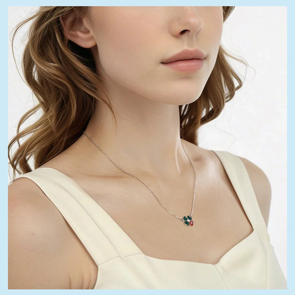 925 Sterling Silver Four-leaf Clover Ladybug Necklace for Women - Lucky Jewelry Gifts Fashion Birthday Graduation Gift