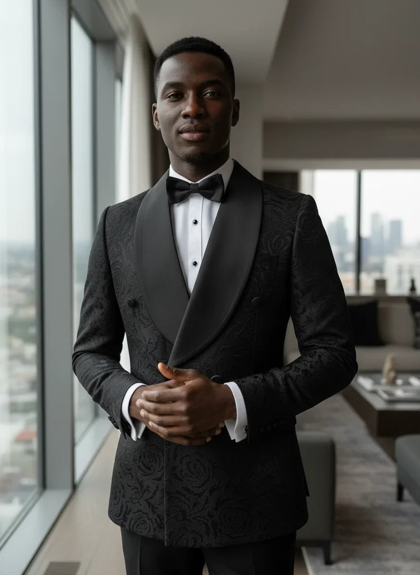 Luxury shawl collar 2-piece suit set men's party high-end business casual suit groom's wedding dress Jacquard pattern
