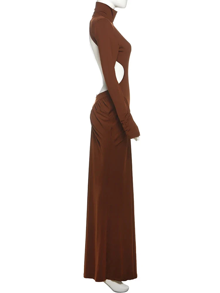 Sisterlinda Shirring Sheath Maxi Dresses High Street Classic Full Sleeve Straight Shoulder Backless Vestidos Mujer Evening Wear