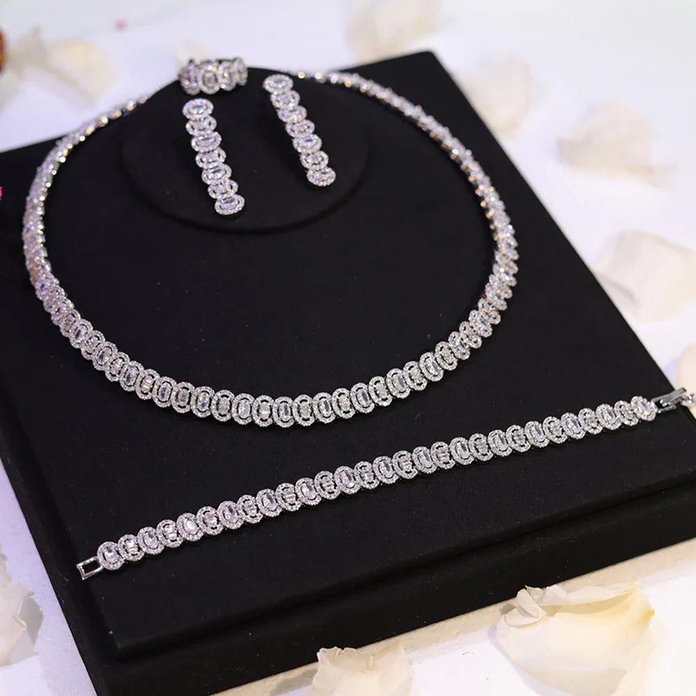 New Sparkling Cubic Zirconia Choker Necklace Earrings Bracelet Set for Women Wedding Party Jewelry