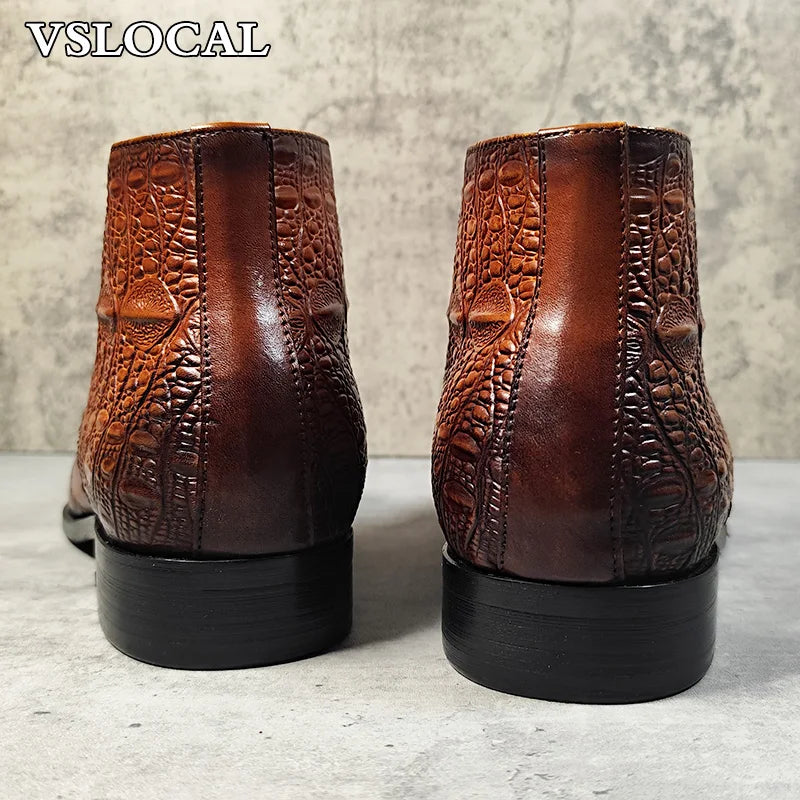 Luxury Brand Men Ankle Boots Shoes Black Brown Crocodile Prints Lace-up Mens Dress Boots Genuine Leather Dress Boots Men