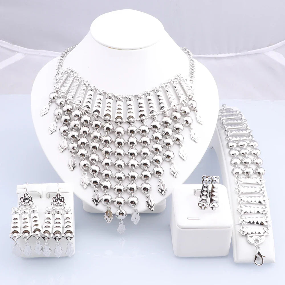 New Tassels Silver Plated Necklace Earrings Bracelet Ring Set for Women Bridal Chains Ethinc Wedding Jewelry Bride Gifts