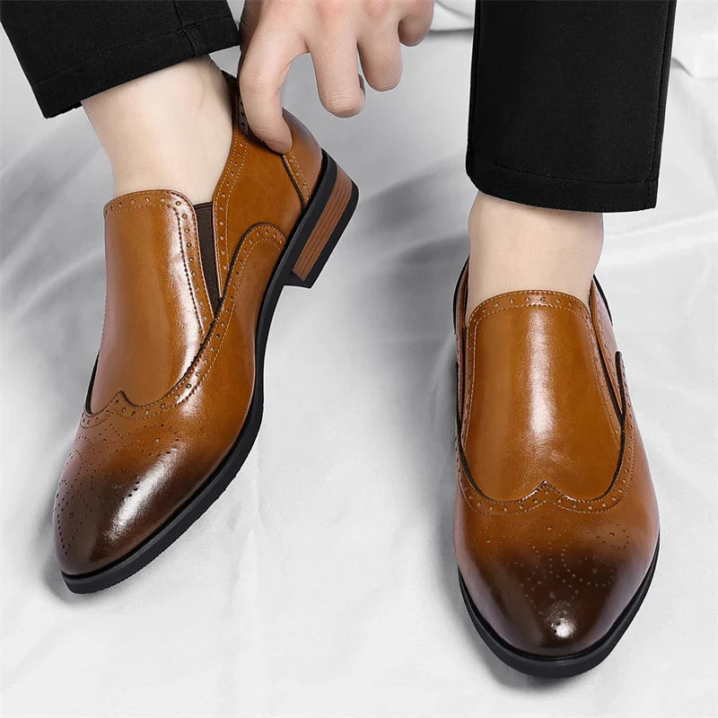 Men's Genuine Leather Brogue Loafers Dress Shoes with Wingtip Perforations Comfortable Business Casual Oxfords Office & Weddings