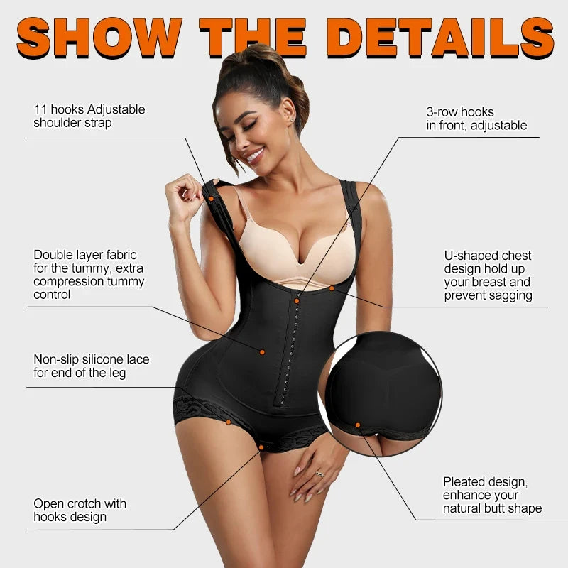 Postpartum Bodysuit Shapewear Women Tummy Control Butt Lifter Faja Body Shaper Open Crotch With Hooks Design