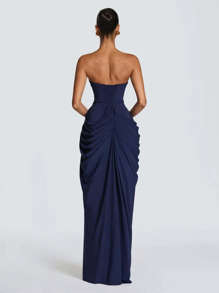 Elegant Solid Pleated Strapless Maxi Dress Yellow Off-shoulder Backless High Waist Split Robe 2026 New Lady Evening Party Gown