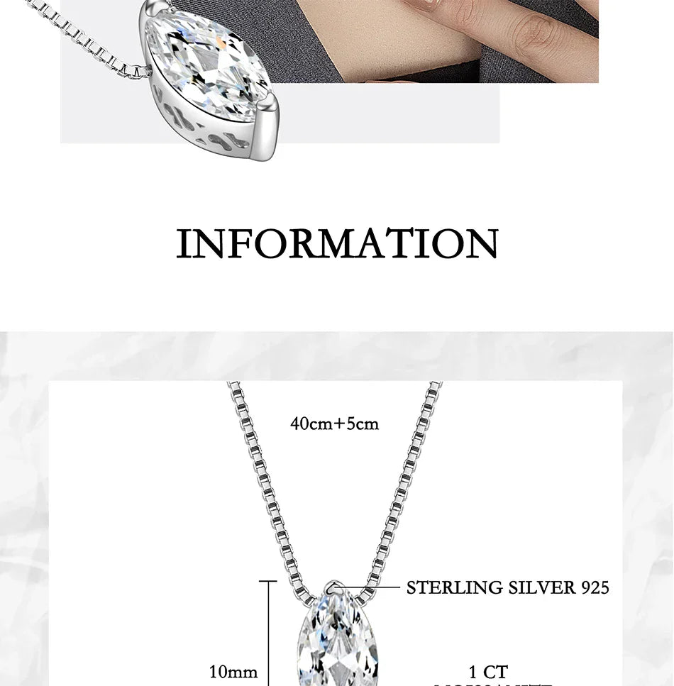 1CT Marquis Cut Moissanite Necklace for Women S925 Pure Silver Water Droplet Diamond Pendant Fashion Party Jewelry