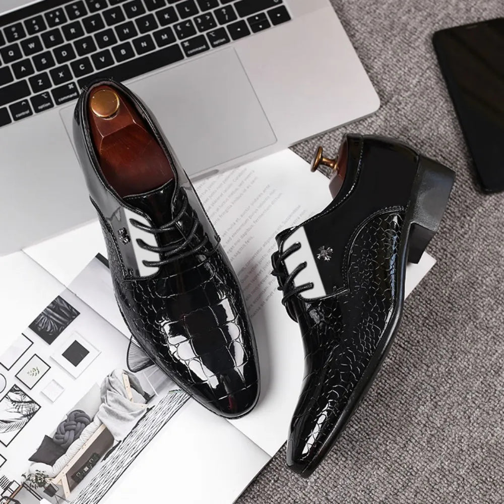 Men's Dress Shoes Business Oxford Shoes Cracked Stripe Casual Lace Up Crocodile Stripe Pattern Mens Derbys Shoes for Men