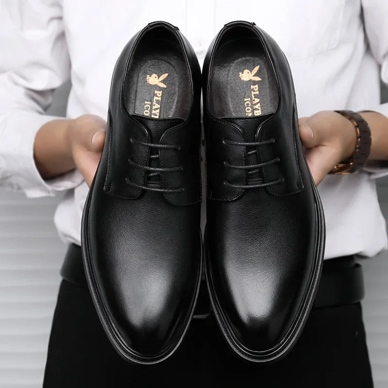Men's Formal Business Shoes British Style Pointed Young Casual Shoes Thick Bottom Genuine Leather Increase Height Wedding Shoes