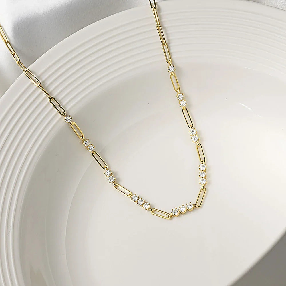 S925 Sterling Silver Paperclip Necklace with 3mm Round Moissanite Diamond Layering Link Chain Necklace for Women Fine Jewelry