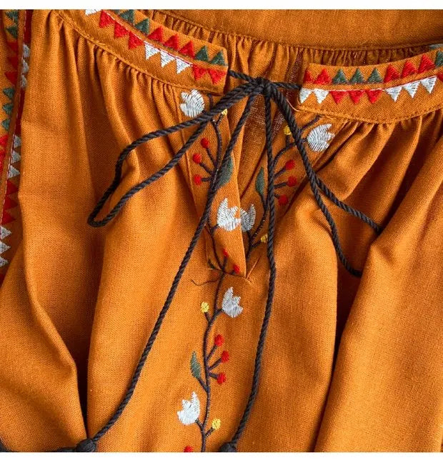 Retro Ethnic Sle Long Sve Embroidered round Ne A-Line Cotton Linen Dr Slimming Waist Cinched Ele Long Dr