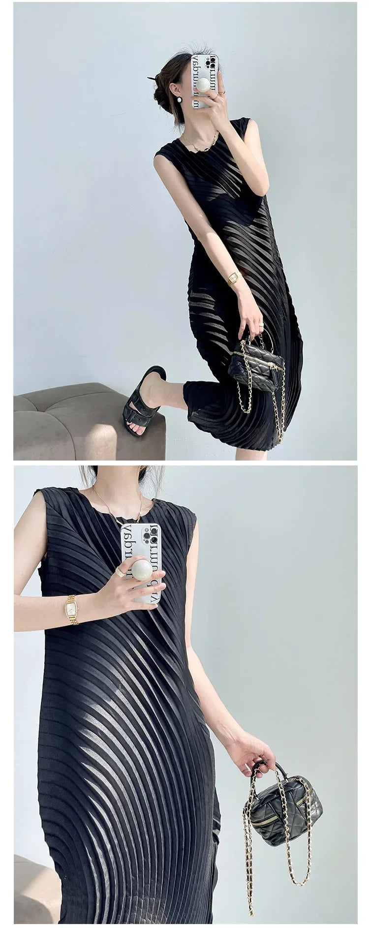 Hand Circle Pleated Sleeveless Dress Designer Long Round Neck Elegant Loose Summer Korean Style Aesthetic Clothes