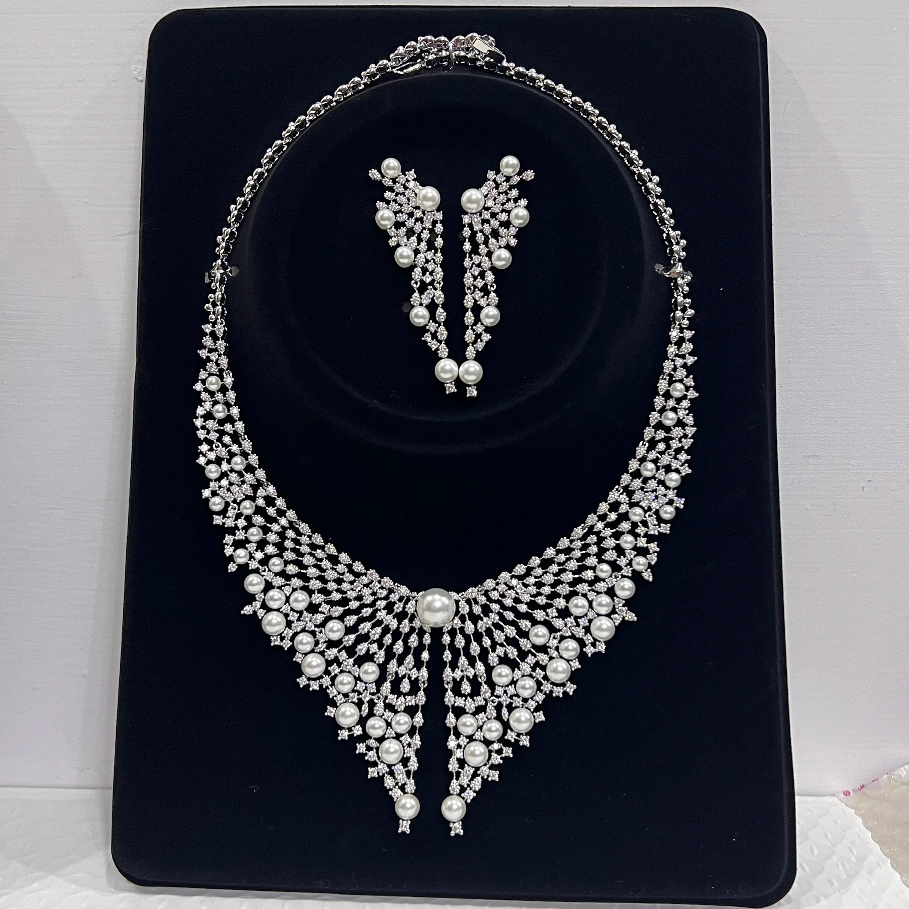 Luxury Cubic Zirconia 2pcs Pearl Necklacе Nigeria Dubai Bridal Wedding Jewellery Sets For Women Party  Accessories