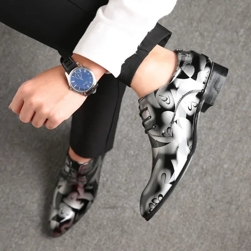 Men's Formal Leather Shoes with Floral Pattern – Business Dress, EU Size 40–48