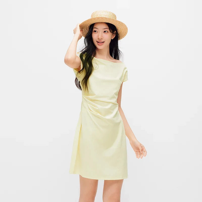 Women Dress One Shoulder Oblique Neck Waist Pleated Solid Cool Feeling Mini 2026 Summer Minimalist Temperament Fashion Top