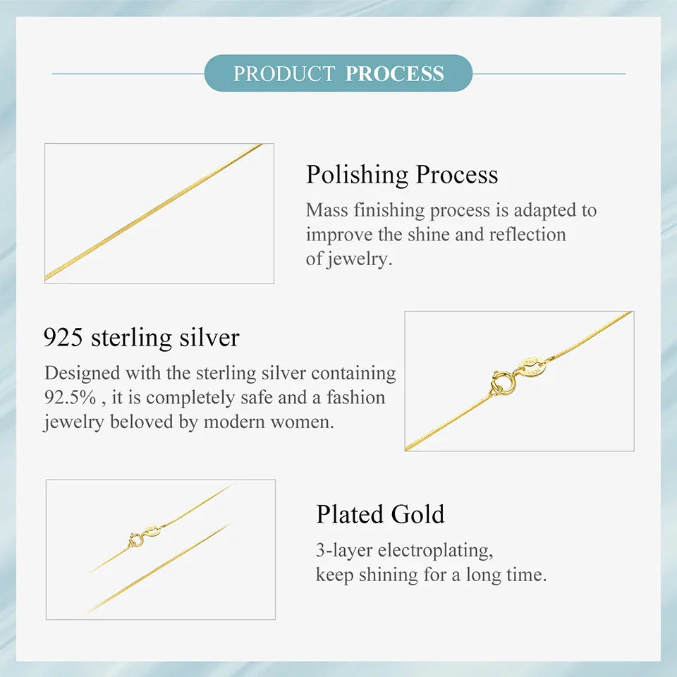 Solid Gold Over 925 Sterling Silver Chain Necklace for Women Girls, Thin Dainty Round Snake Chain For Daily Pairing
