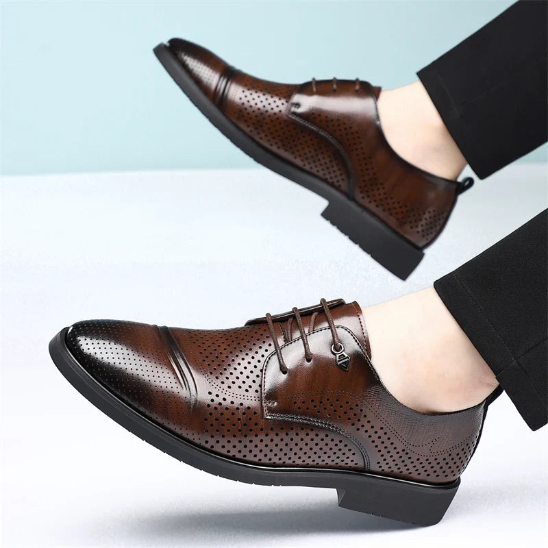 Men's Summer Breathable Leather Shoes Hollow out Fashionable Slip-On Comfortable Anti-Slip Soft Bottom Derby Shoes-SJ2501-1