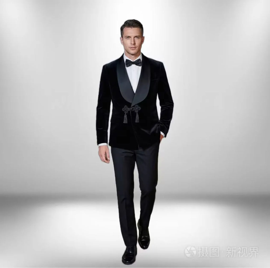 Black Velvet Smoking Jacket 2 Piece Male Blazer with Buttons Luxury Grooms Wedding Designer Party Wear Coat