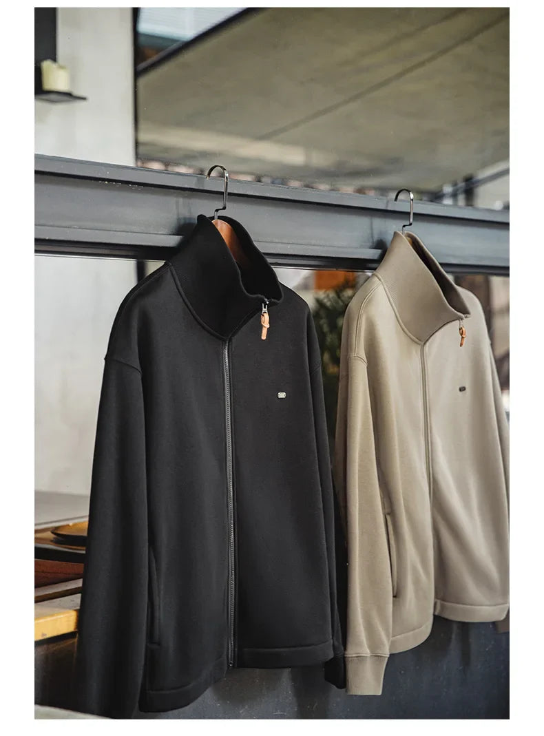 Men's High Neck Warm Jacket Polar Fleece Lining Thickened Coat Casual Sports Style Cardigan Sweater Vintage Tennis Jacket