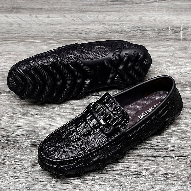 Luxury New Genuine Leather Men Shoes Thick Bottom Crocodile Style Moccasins Mens Loafers Fashion Male Flat Classic Driving Shoes