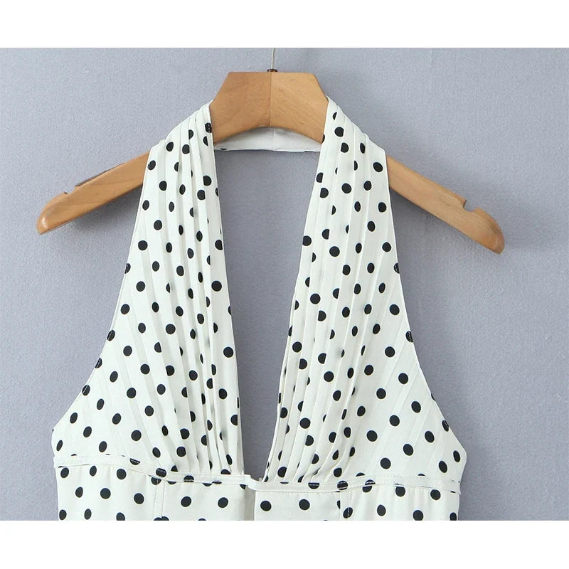 French Style Retro Polka Dot Deep V Halter Dress Women Sexy Backless A-line Slim Sweet Elegant Mini Dresses Summer Robe