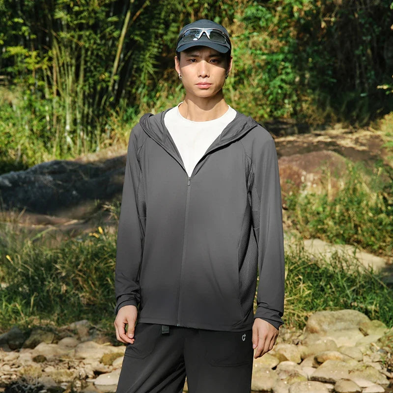 Men Jacket UV Protection Cool Feeling Breathable Knit Elastic Hooded 2026 Summer Comfortable Outdoor Fashion Top