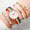 4PCS/Set Fashion Heart Dial Women's Watch Nylon Band Quartz Watch Rainbow Beads Bracelets Set