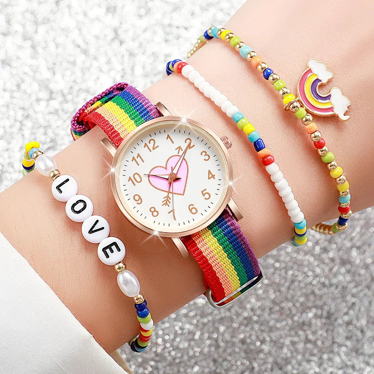 4PCS/Set Fashion Heart Dial Women's Watch Nylon Band Quartz Watch Rainbow Beads Bracelets Set
