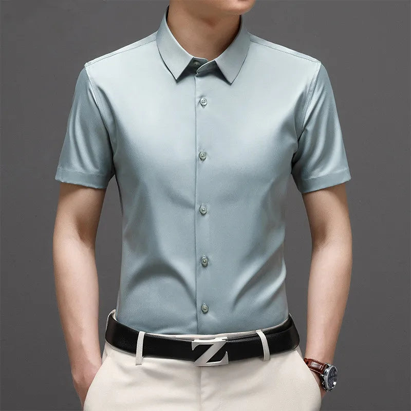 New Spring Summer Men's Shirt Non-Ironing Anti-Wrinkle Business Casual Solid Color Smooth Business Short Sleeves Work Shirt 5XL