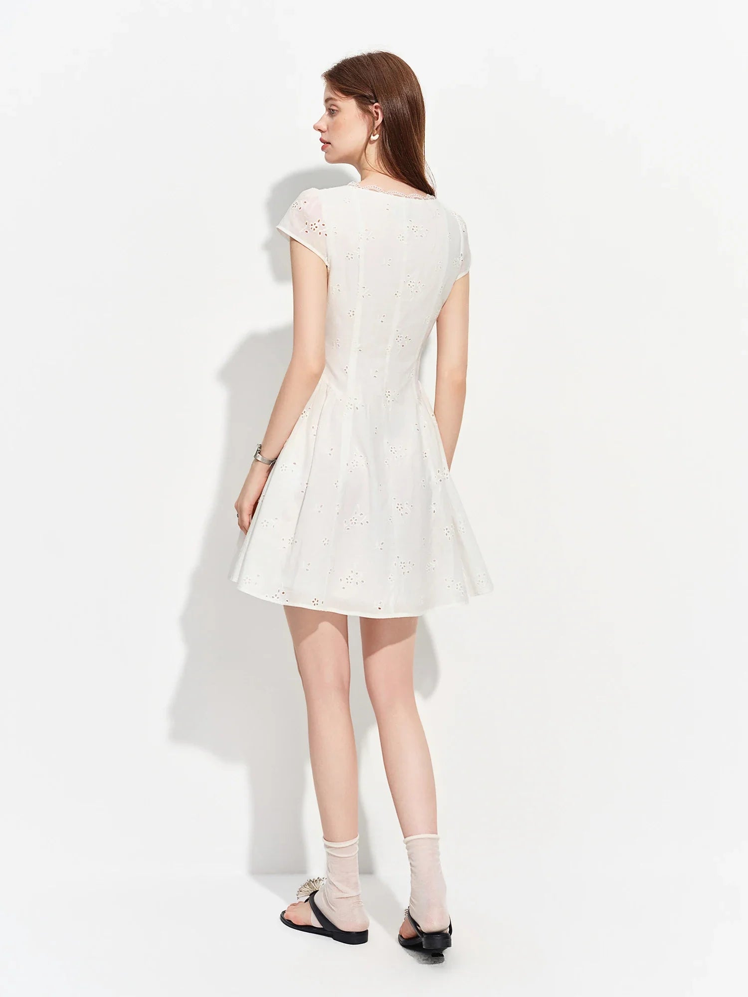 Women's 2026 Summer New Arrival French Pastoral Style V-Neck Lace Spliced Embroidered Dress Openwork Floral Plaid Pattern